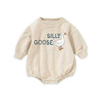 Beige baby romper with 'Silly Goose' text and goose illustration on a white background