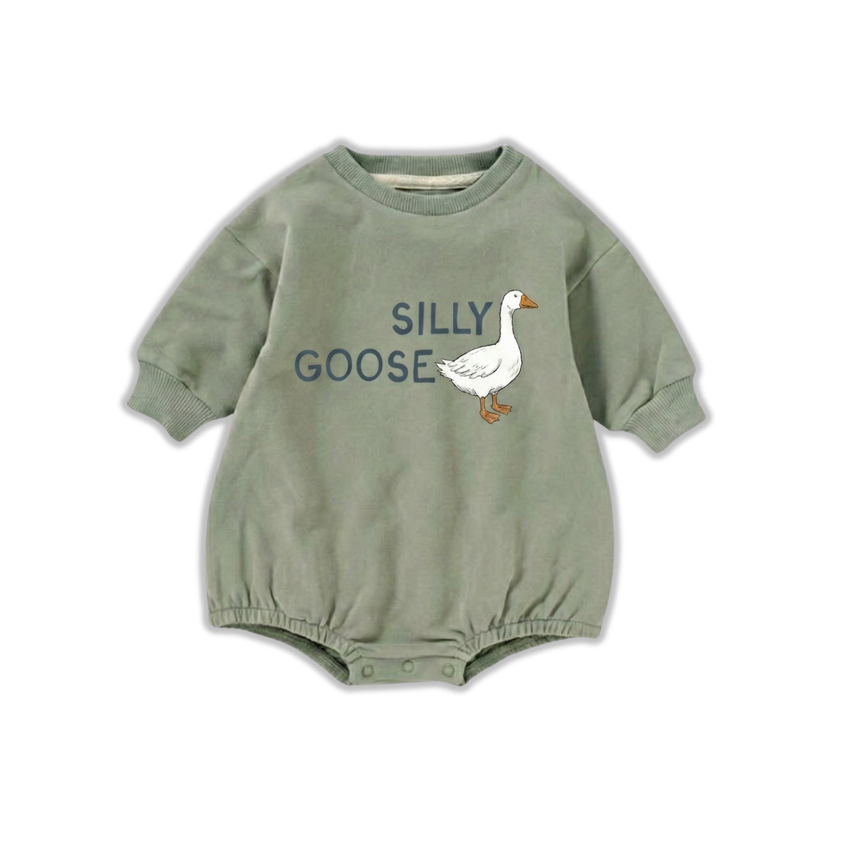Green baby romper with 'Silly Goose' text and goose illustration on a white background