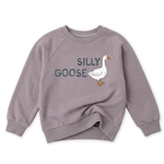 Purple sweatshirt with 'Silly Goose' text and goose illustration on a white background