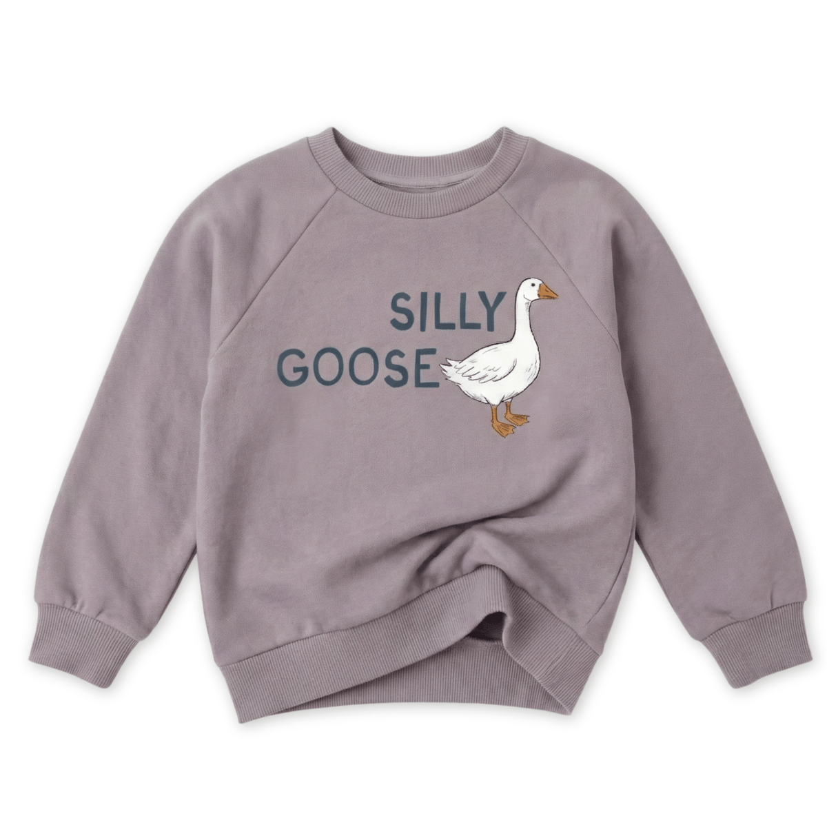 Purple sweatshirt with 'Silly Goose' text and goose illustration on a white background