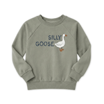 Sage green sweatshirt with 'Silly Goose' text and goose illustration on a white background