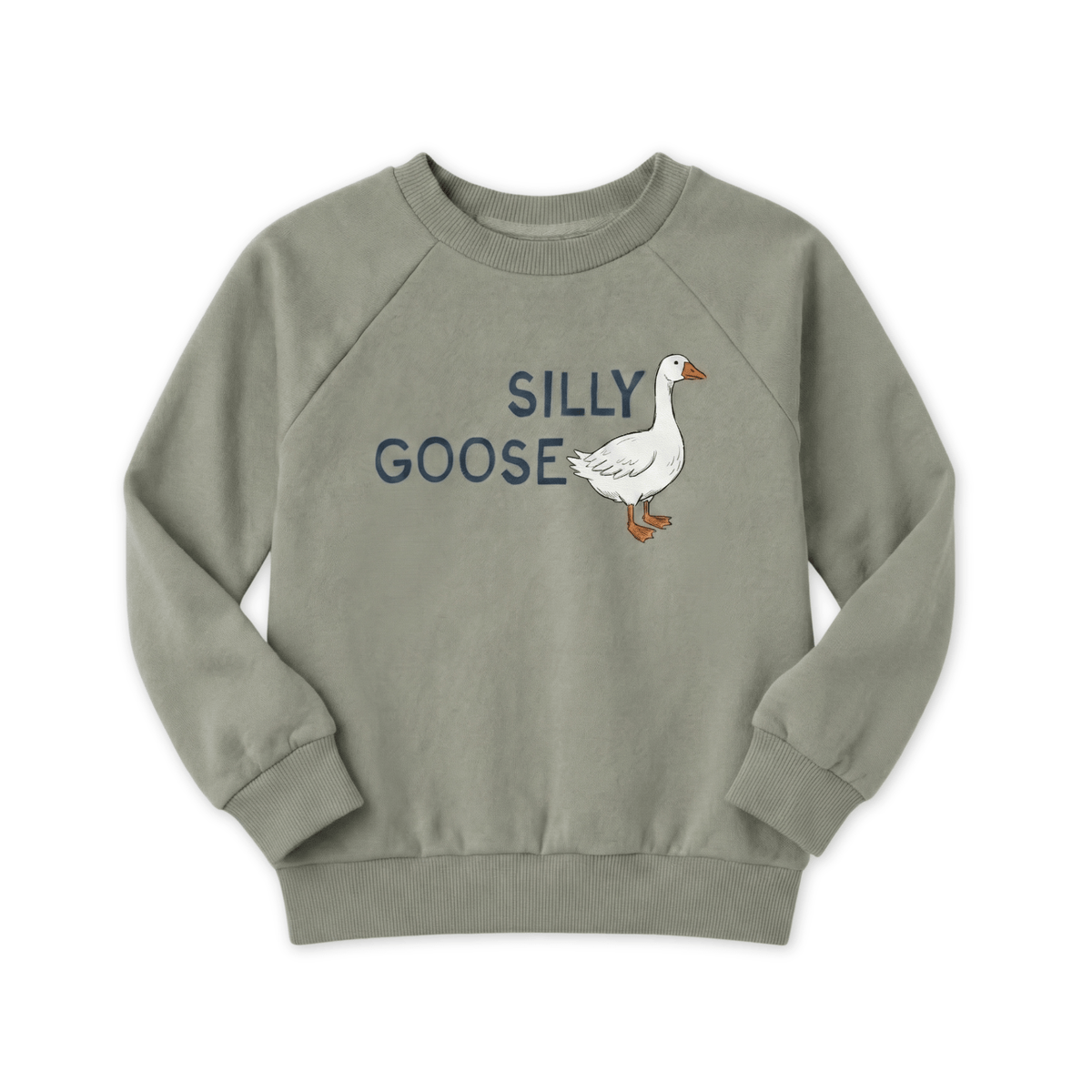Sage green sweatshirt with 'Silly Goose' text and goose illustration on a white background
