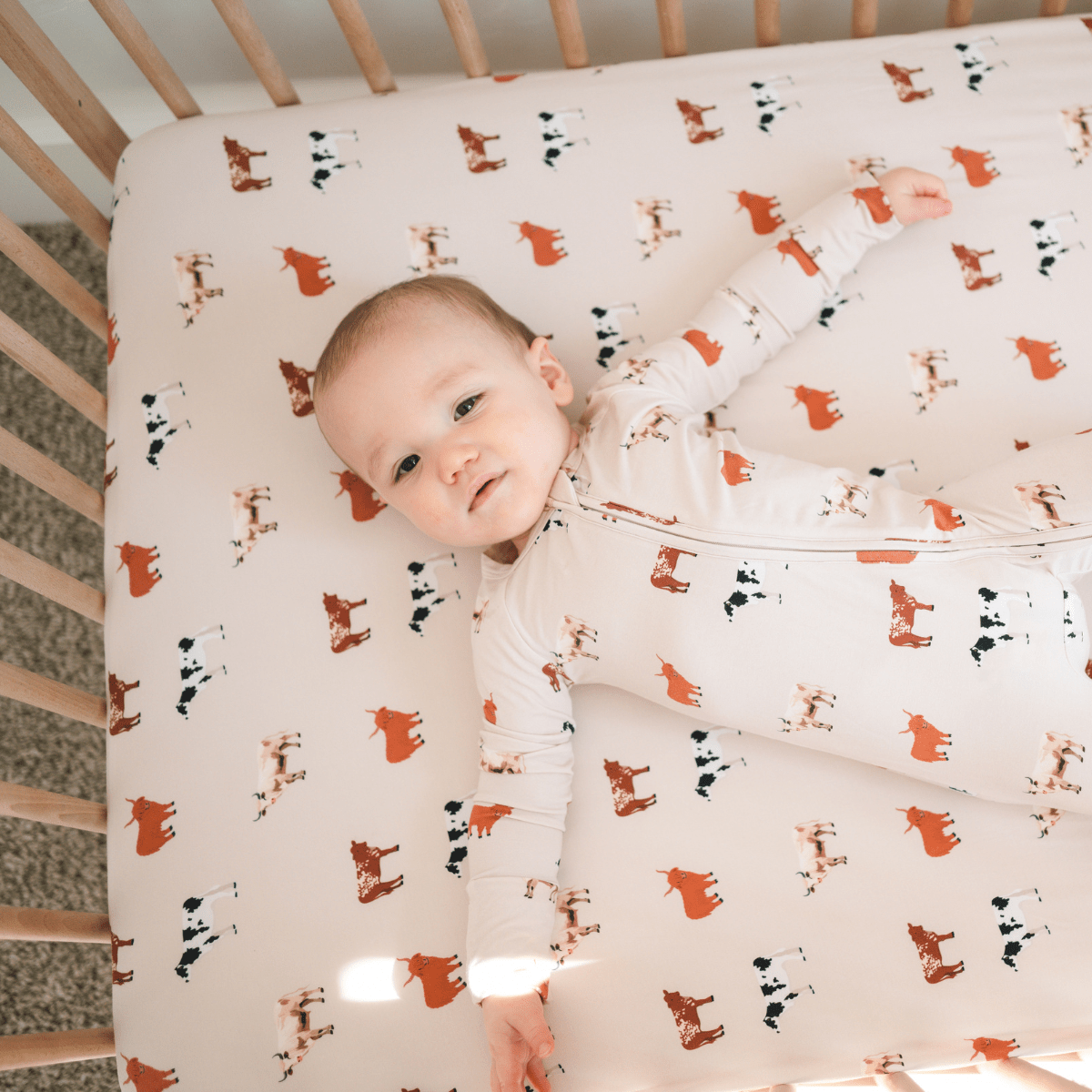 Matching Bamboo Romper and Crib Sheet Oatmeal Cow