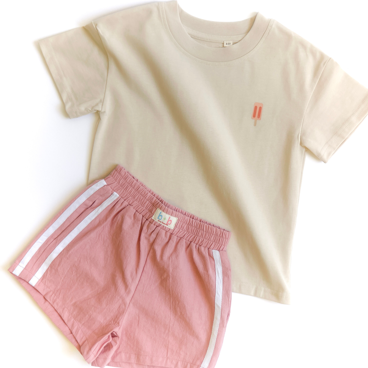 Popsicles organic cotton tee styled with dusty-pink Cotton Candy racer shorts — b+b kids Golden Days summer set