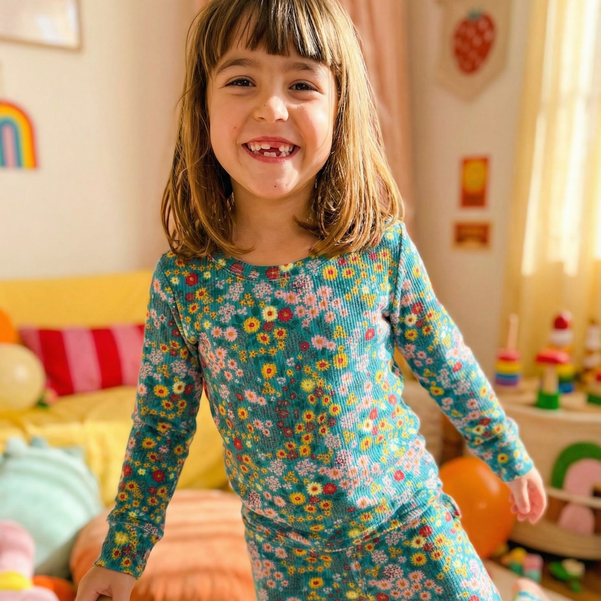 Child wearing a floral pajama set in a colorful room with toys and decorations.