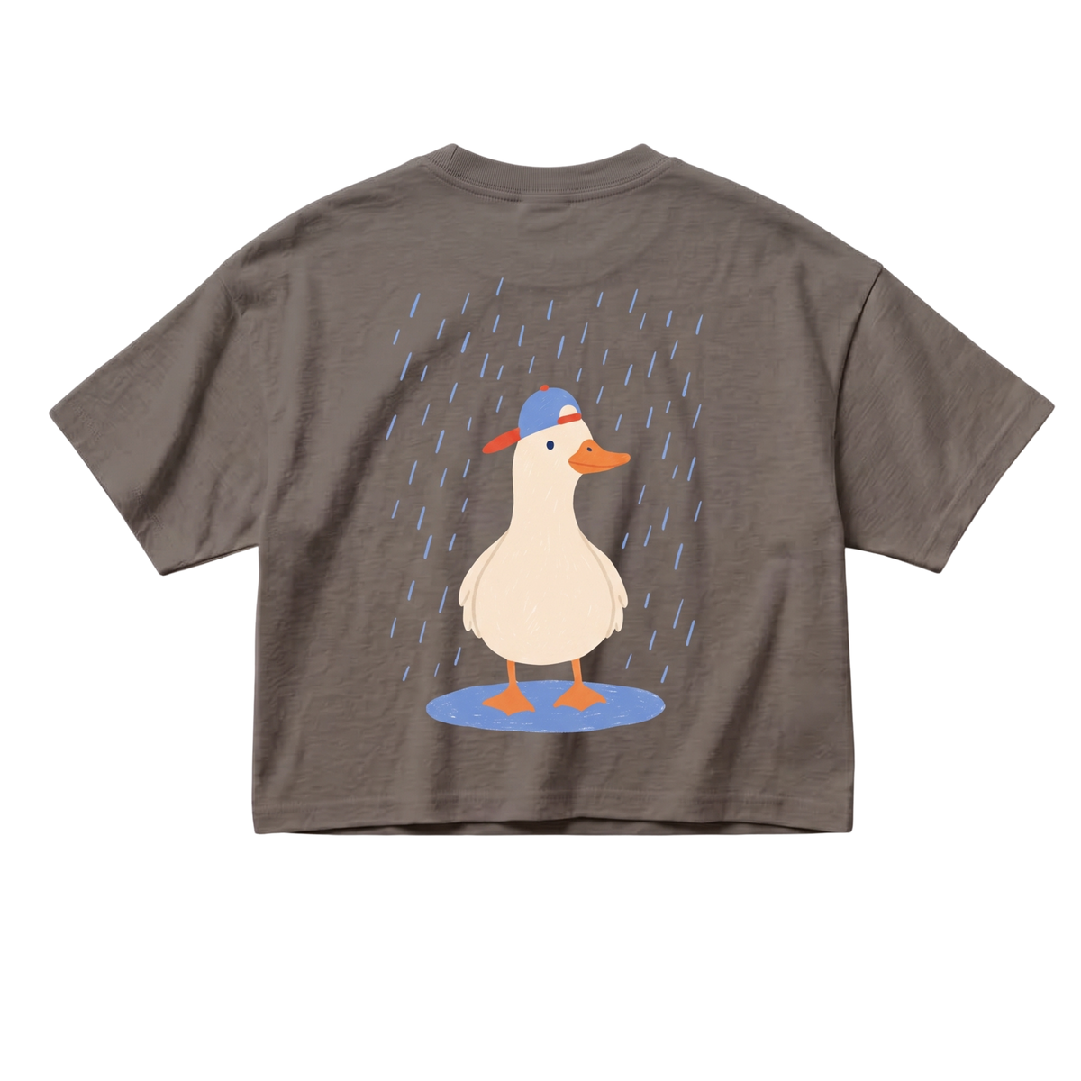 A brown short-sleeve t-shirt with a cartoon graphic of a duck standing in a puddle under rain, shown flat against a white background.