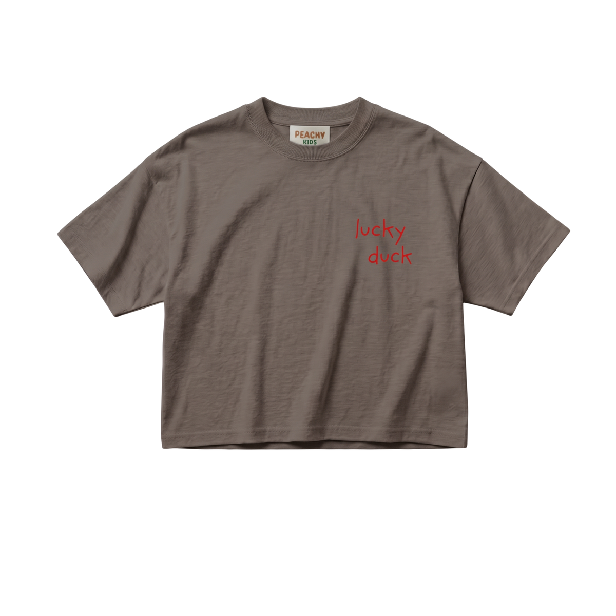 A short-sleeve crewneck t-shirt in a muted taupe-brown color, featuring the words 'lucky duck' printed in red script on the left chest. The brand 'PEACHY DUCK' is visible on the inner neck label.