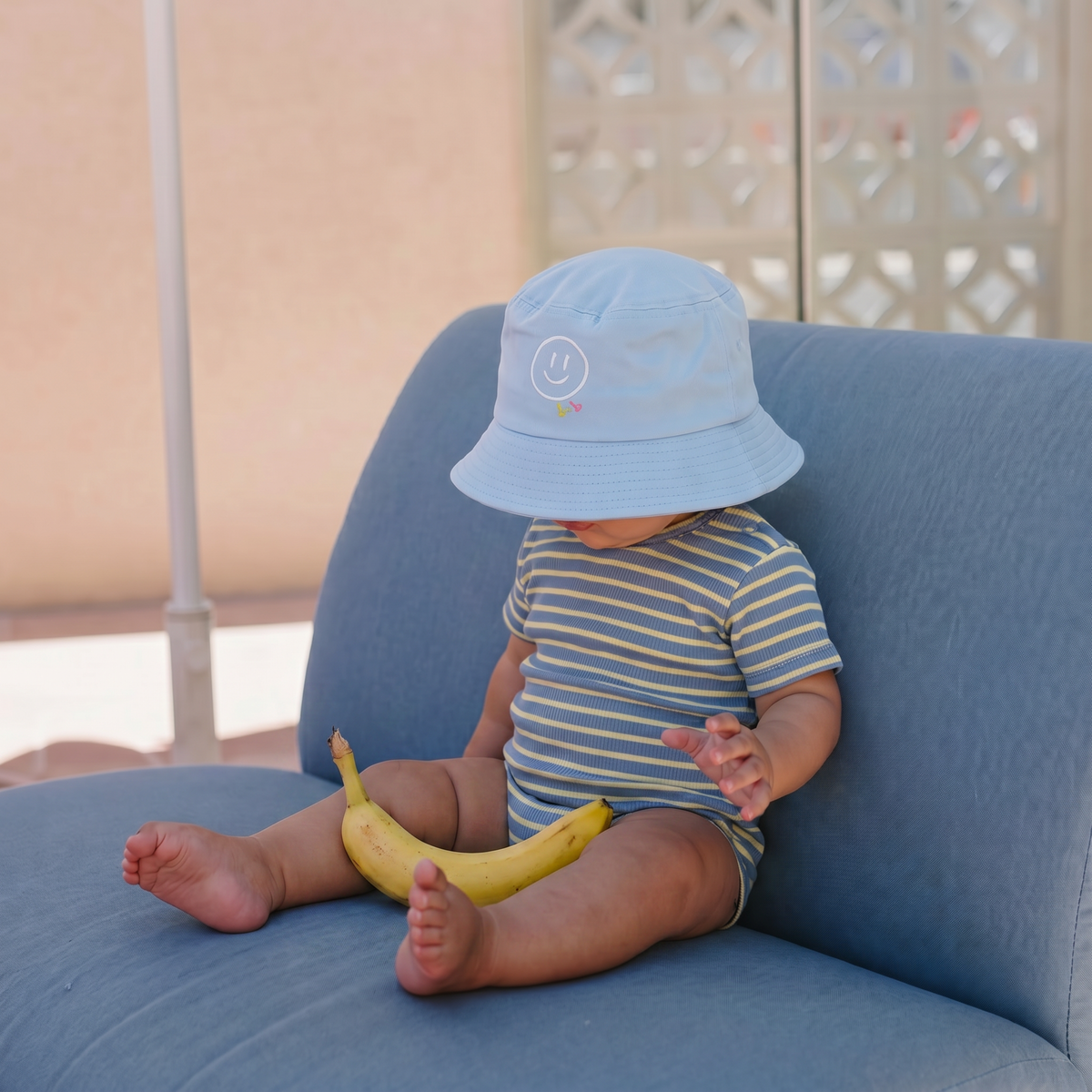Kids Smiley Bucket Hat - Light Blue Cotton Twill